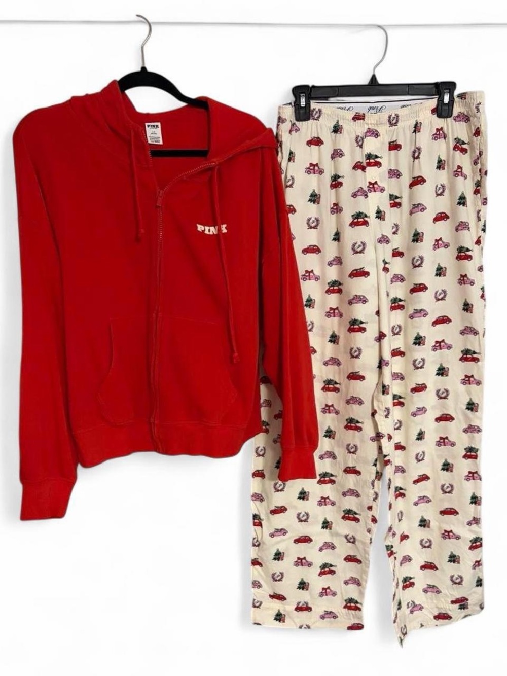 PINK Victoria's Secret Red Zip Hoodie with Cream Holiday Print Pajama Pants